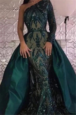 Gorgeous One Shoulder Long Sleeve Appliques Lace Sequins Floor-length Mermaid Prom Dress_1