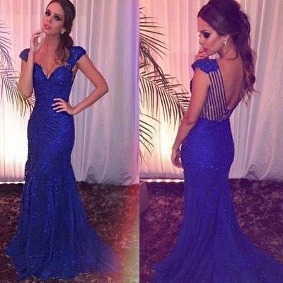 Sexy Royal-Blue Sheath Sweetheart Prom Dress Lace Sweep-train Evening Gowns_3