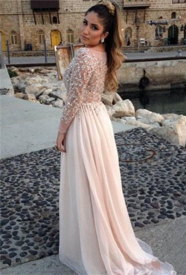 Long Sleeves Crystals Prom Dresses Scoop Neck Beaded Chiffon Court Train Evening Gowns_2