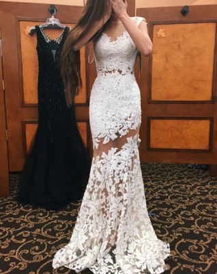 White Mermaid Prom Dresses Sheer Neckline Sexy Evening Gowns_1