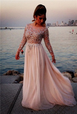 Long Sleeves Crystals Prom Dresses Scoop Neck Beaded Chiffon Court Train Evening Gowns_1