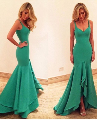 Green Mermaid Sleeveless Prom Dresses Hi-lo Spaghetti Straps_1
