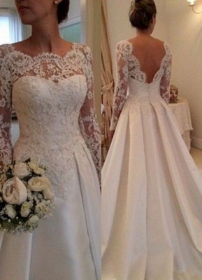Lace Long Sleeves Beach Wedding Dresses Beading Satin Open Back Court Train Bridal Gowns_2