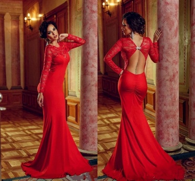 Red Mermaid Lace Prom Dresses Long Sleeves Open Back Court Train Formal Evening Gowns_4
