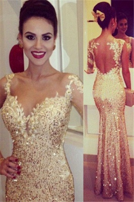 Gorgrous Sequined Appliques Mermaid Prom Dresses Gold Beaded Evening Gowns_3