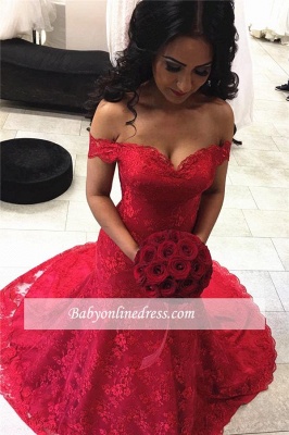 Sexy Red Off-the-shoulder Court-Train Lace Mermaid Evening Dresses_1