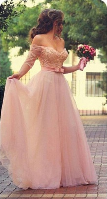 Princess Sweetheart Half Sleeve Tulle Prom Dress With Pearls and Appliques Floor Length_1