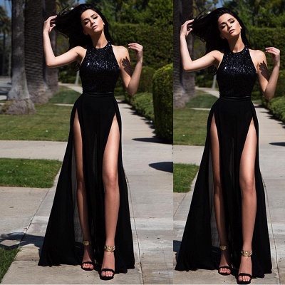 Black Long Prom Dresses Thigh-High Slits Sexy Summer Party Gowns_3