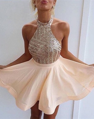 Short Homecoming Dresses Halter Neck Sequins Top Sexy Cocktail Dresses_3
