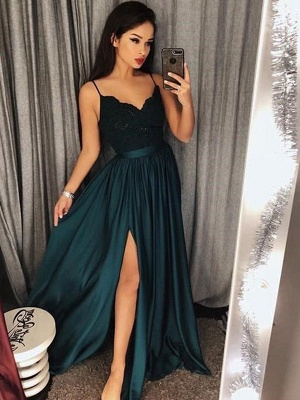 Sexy Side-Slit A-Line Prom Dresses | Spaghetti Straps Lace Appliques Long Evening Dresses_1