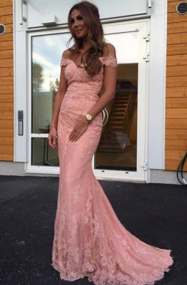 2018 Pink Lace Prom Dresses Off Shoulder Long Mermaid Evening Gowns_1