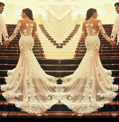 Elegant Lace Long Sleeves Mermaid Wedding Dresses Muslim Arabic Sheer Appliques Bridal Gowns_1