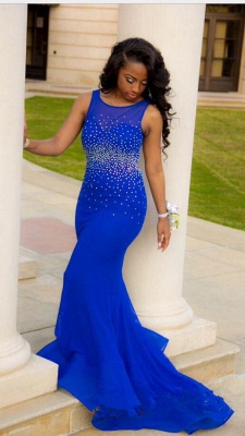 Royal Blue Mermaid Prom Dresses Open Back Beaded Ruffles Train Long Sexy Evening Gowns_1