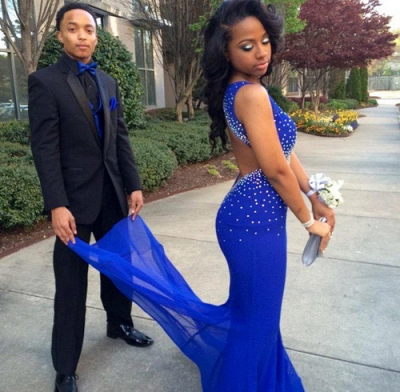 Royal Blue Mermaid Prom Dresses Open Back Beaded Ruffles Train Long Sexy Evening Gowns_2