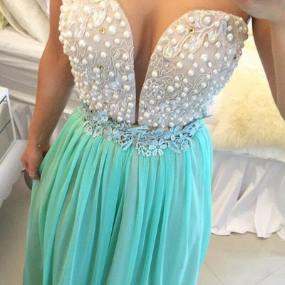 Sexy Chiffon Pearls Green Prom Dresses Sheer Tulle Sexy Deep Sweetheart Evening Gowns_3