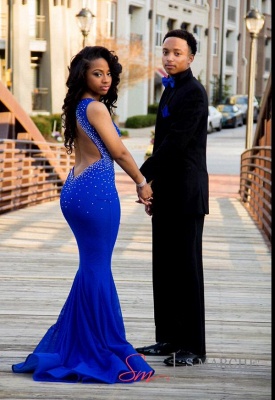 Royal Blue Mermaid Prom Dresses Open Back Beaded Ruffles Train Long Sexy Evening Gowns_3