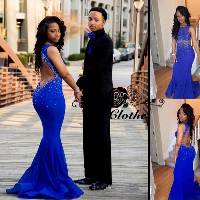 Royal Blue Mermaid Prom Dresses Open Back Beaded Ruffles Train Long Sexy Evening Gowns_4