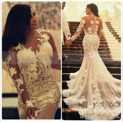 Elegant Lace Long Sleeves Mermaid Wedding Dresses Muslim Arabic Sheer Appliques Bridal Gowns_3