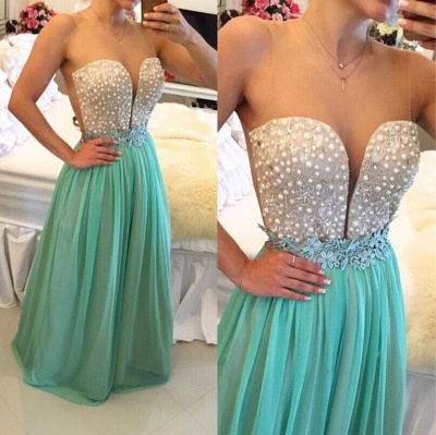 Sexy Chiffon Pearls Green Prom Dresses Sheer Tulle Sexy Deep Sweetheart Evening Gowns_2