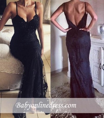 Alluring Black Spaghetti Straps Open-Back Appliques Prom Dress with Beadings_3