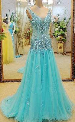 Mermaid V-Neck Prom Dresses Tulle Crystal Court Train Sleeveless Evening Gowns_1
