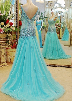 Mermaid V-Neck Prom Dresses Tulle Crystal Court Train Sleeveless Evening Gowns_3