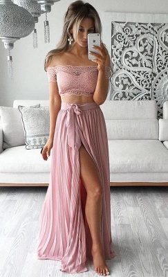 Two Piece Prom Dresses Lace Top Off the Shoulder Short Sleeves  Sexy Evening Gowns_1