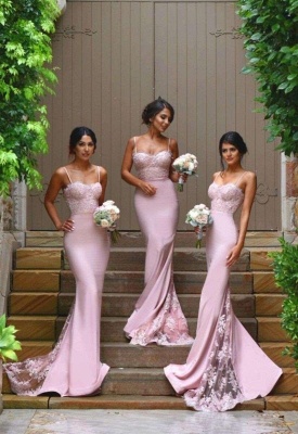 Pink Mermaid Bridesmaid Dresses Lace Spaghetti Straps Elegant Maid of Honor Dresses_3