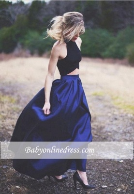 Elegant Two Piece Evening Gowns Navy Blue Puffy Prom Dresses_3