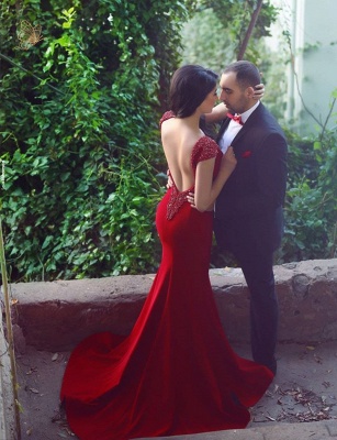 Red Fit and Flare Evening Gowns V Neck Beading Backless Luxury Formal Prom Dress_3