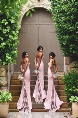 Pink Mermaid Bridesmaid Dresses Lace Spaghetti Straps Elegant Maid of Honor Dresses_2
