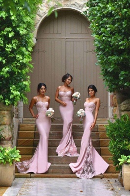 Pink Mermaid Bridesmaid Dresses Lace Spaghetti Straps Elegant Maid of Honor Dresses_1