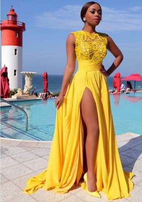 Yellow Chiffon Prom Dresses Thigh-High Slit Sexy Summer Evening Gowns_2
