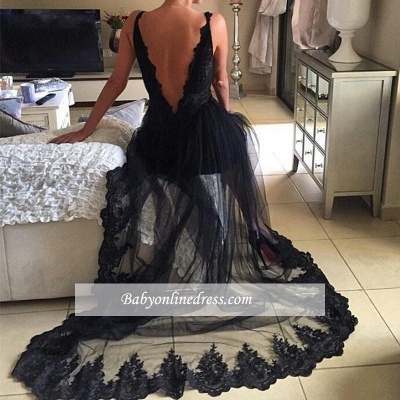 Sexy Black A-line Evening Gowns | V-Neck Sheer Tulle Prom Dresses_3