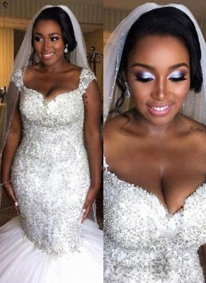 Gorgeous Beading Mermaid Wedding Dresses | Capped Sleeves Ruffles Skirt Bridal Gowns_1