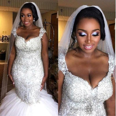 Gorgeous Beading Mermaid Wedding Dresses | Capped Sleeves Ruffles Skirt Bridal Gowns_3