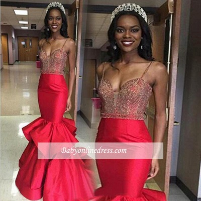 Sleeveless Spaghetti-Straps Sexy Red Crystal Mermaid Prom Dress_1
