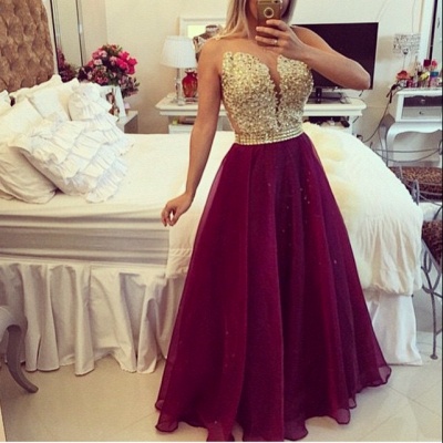 Gold Lace Applique Burgundy Prom Dresses Sheer Tulle Floor Length Graduation Dress_2