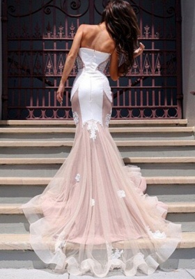 Mermaid Long Prom Dresses Sweetheart Neck White Pink Tulle Evening Gowns_5