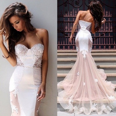 Mermaid Long Prom Dresses Sweetheart Neck White Pink Tulle Evening Gowns_4