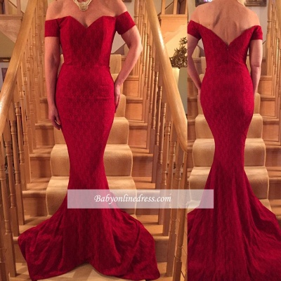 Lace Glamorous Long Red Short-Sleeve Mermaid Prom Dress_1