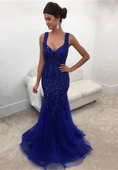 Elegant Straps Mermaid Prom Gowns Sleeveless Long Crystals Royal-Blue Evening Dress_2