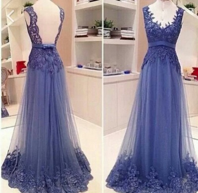 Lace Applique Backless Prom Dresses A-line V neck Sash Bow Formal Evening Gowns_2