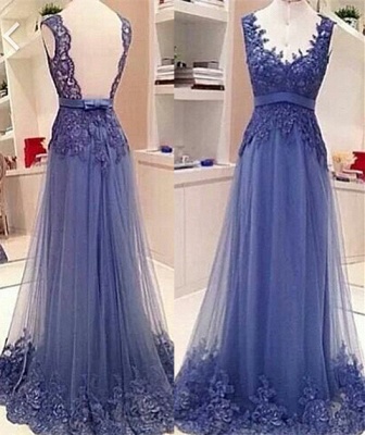 Lace Applique Backless Prom Dresses A-line V neck Sash Bow Formal Evening Gowns_1
