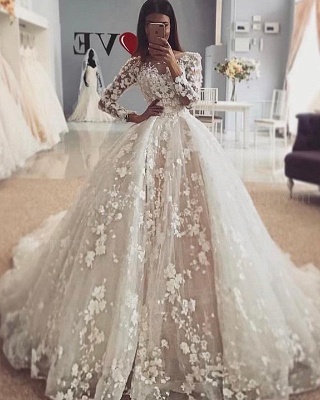 Elegant Long Sleeve Lace Ball Gown Wedding Dress | Flower Bridal Gown_2