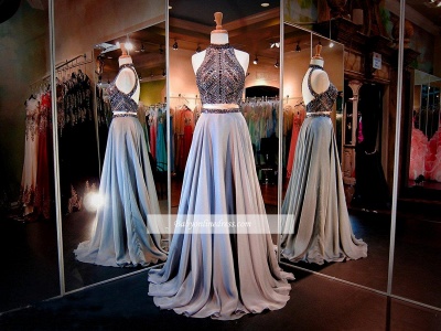 Sexy High-Neck Two-Piece Prom Dresses A-line Crystals Evening Dress_1