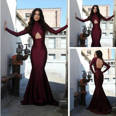 Sexy Burgundy High Collar Mermaid Prom Dresses Long Sleeves Backless Evening Gowns_3