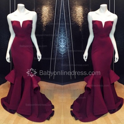 Marsala Burgundy Mermaid Prom Dresses Ruffles Notched Front Slit Formal Evening Gowns_3