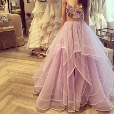 Two-Piece Prom Dresses 3D-Floral Appliques Top Layers Tulle Long Junior Evening Gowns_3
