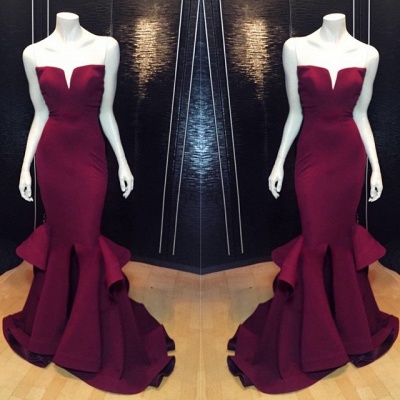 Marsala Burgundy Mermaid Prom Dresses Ruffles Notched Front Slit Formal Evening Gowns_2